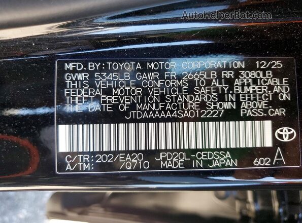 JTDAAAAA4SA012227 2025 TOYOTA MIRAI Black Вид наклейки з VIN-кодом