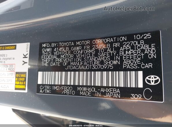JTDACAAU0T3070975 2026 TOYOTA PRIUS Gray Widok komory silnika