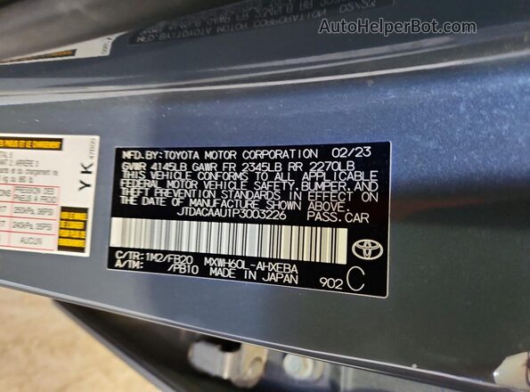 JTDACAAU1P3003226 2023 TOYOTA PRIUS Gray Vista de la etiqueta del VIN