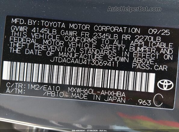JTDACAAU4T3069411 2026 TOYOTA PRIUS Gray Engine compartment view