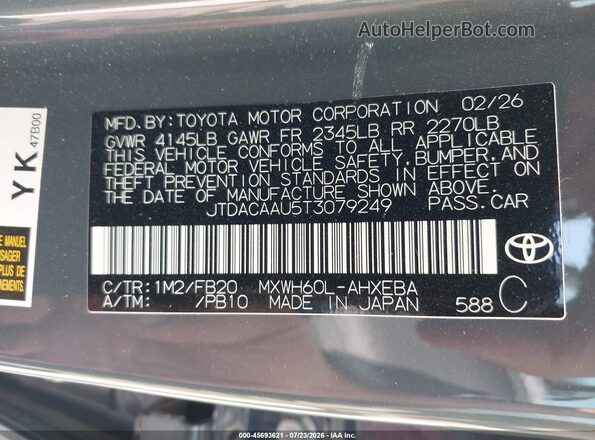 JTDACAAU5T3079249 2026 TOYOTA PRIUS Gray ძრავის განყოფილების ხედი