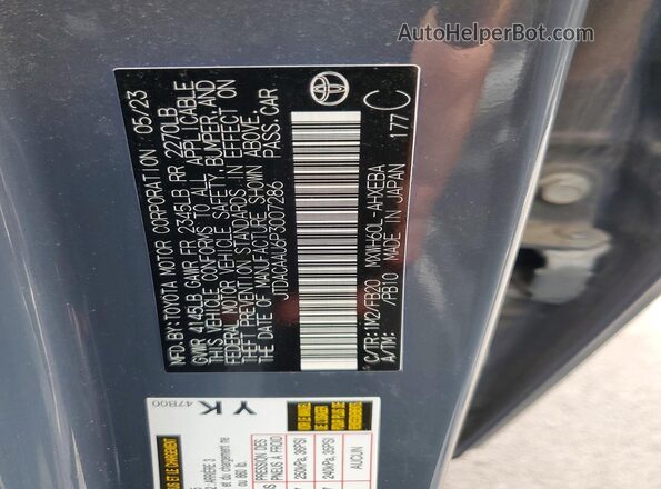 JTDACAAU6P3007286 2023 TOYOTA PRIUS Gray Вид наклейки з VIN-кодом