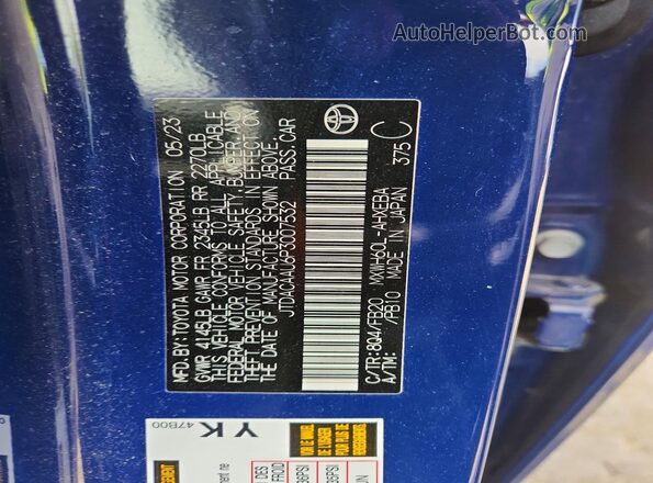 JTDACAAU6P3007532 2023 TOYOTA PRIUS Blue Вид наклейки з VIN-кодом
