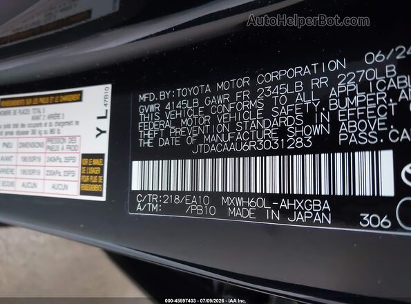 JTDACAAU6R3031283 2024 TOYOTA PRIUS Black Շարժիչի բաժամունքի տեսք