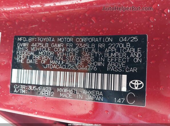 JTDACACU2S3044776 2025 TOYOTA PRIUS PLUG-IN HYBRID Red Շարժիչի բաժամունքի տեսք