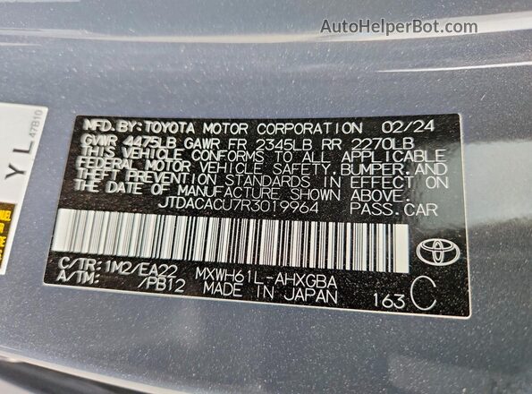JTDACACU7R3019964 2024 TOYOTA PRIUS Gray VIN კოდის სტიკერის ხედი