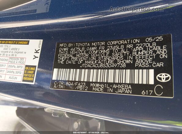 JTDACACU8S3049738 2025 TOYOTA PRIUS PLUG-IN HYBRID Blue Vista del compartimento del motor
