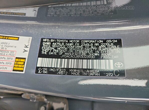 JTDACACUXR3023930 2024 TOYOTA PRIUS Gray Widok komory silnika