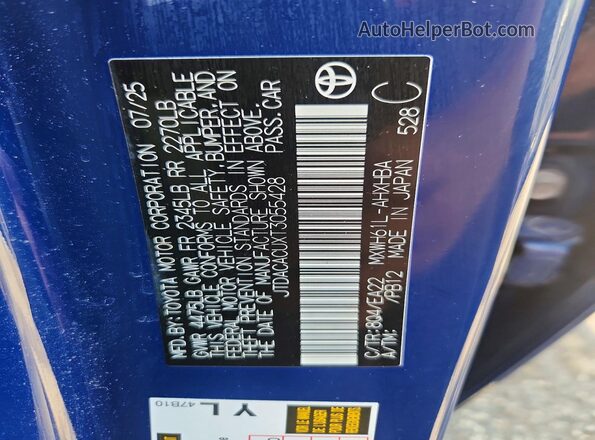 JTDACACUXT3055428 2026 TOYOTA PRIUS Blue VIN sticker view