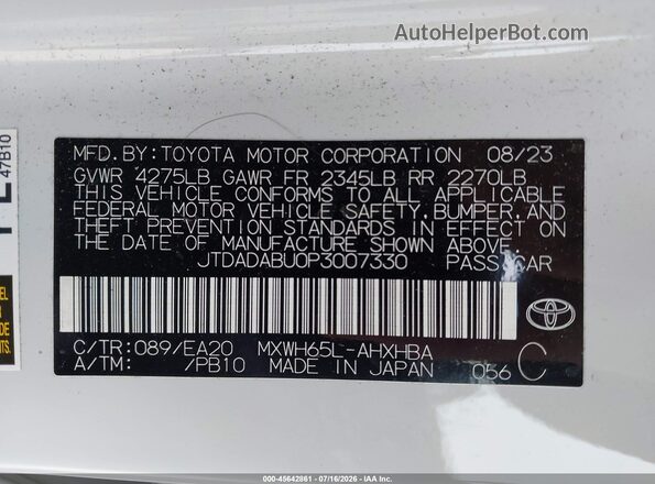 JTDADABU0P3007330 2023 TOYOTA PRIUS White ძრავის განყოფილების ხედი