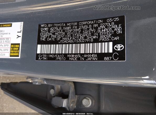 JTDADABU1S3027918 2025 TOYOTA PRIUS Gray Widok komory silnika