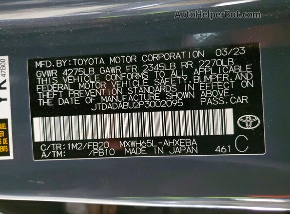 JTDADABU2P3002095 2023 TOYOTA PRIUS Gray Вид наклейки з VIN-кодом