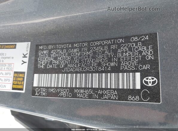 JTDADABU2R3018414 2024 TOYOTA PRIUS Gray Vista del compartimento del motor