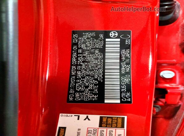 JTDADABU3S3027807 2025 TOYOTA PRIUS Red Widok naklejki z numerem VIN
