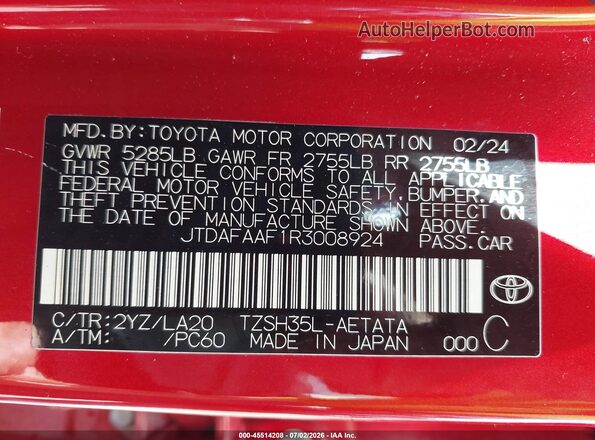 JTDAFAAF1R3008924 2024 TOYOTA CROWN Красный Вид подкапотного пространства