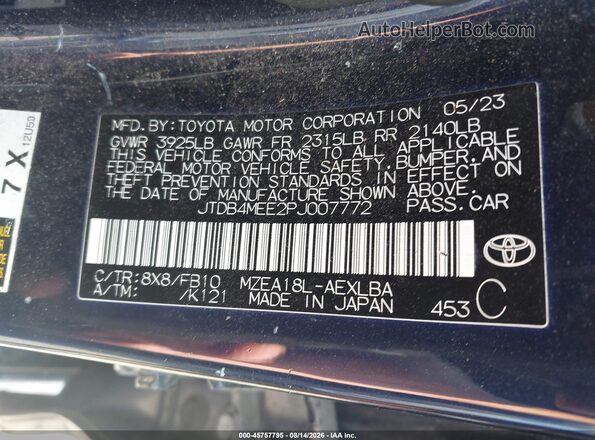 JTDB4MEE2PJ007772 2023 TOYOTA COROLLA Blue Շարժիչի բաժամունքի տեսք