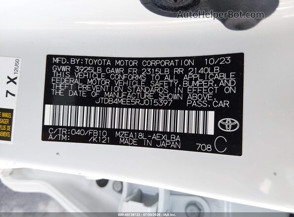 JTDB4MEE5RJ015397 2024 TOYOTA COROLLA White Widok komory silnika