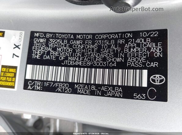 JTDB4MEE8P3003164 2023 TOYOTA COROLLA Серебряный Вид подкапотного пространства