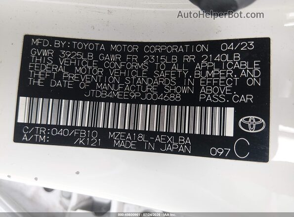 JTDB4MEE9PJ004688 2023 TOYOTA COROLLA White Շարժիչի բաժամունքի տեսք