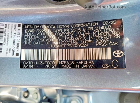JTDB4MEE9S3029524 2025 TOYOTA COROLLA Blue Вид підкапотного простору