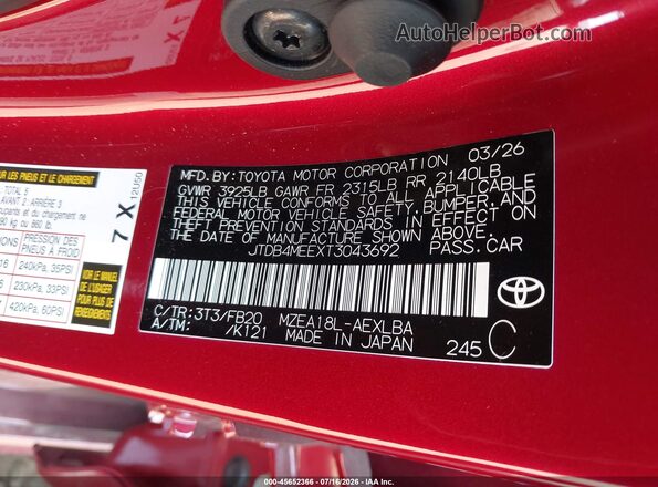 JTDB4MEEXT3043692 2026 TOYOTA COROLLA Red Вид підкапотного простору