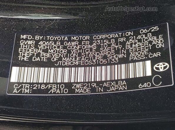 JTDBCMFE0S3105133 2025 TOYOTA COROLLA Black Vista de la etiqueta del VIN