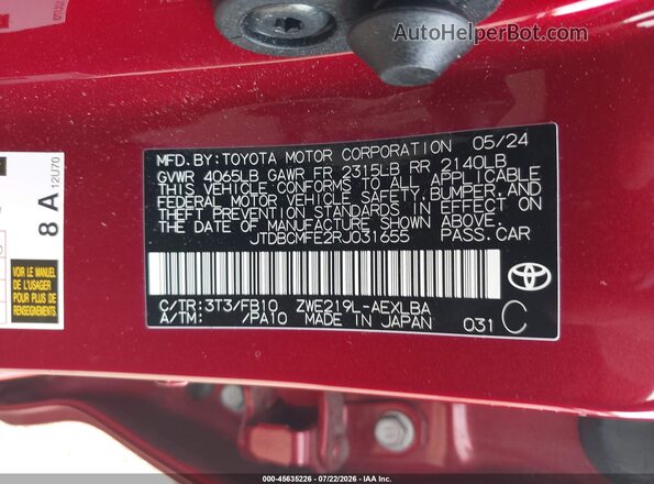 JTDBCMFE2RJ031655 2024 TOYOTA COROLLA Red Շարժիչի բաժամունքի տեսք