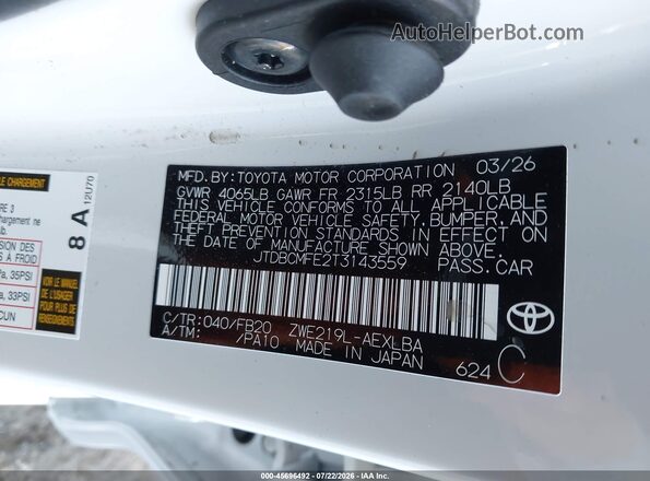 JTDBCMFE2T3143559 2026 TOYOTA COROLLA HYBRID White ძრავის განყოფილების ხედი
