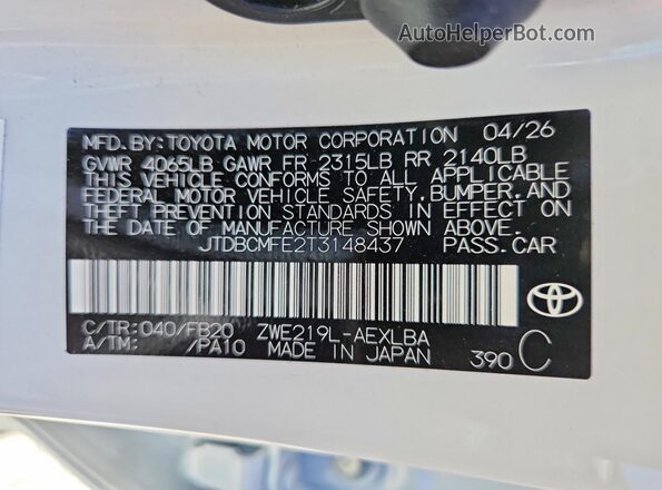 JTDBCMFE2T3148437 2026 TOYOTA COROLLA White VIN კოდის სტიკერის ხედი