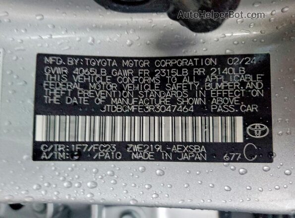 JTDBCMFE3R3047464 2024 TOYOTA COROLLA Silver Շարժիչի բաժամունքի տեսք