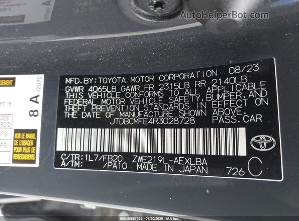 JTDBCMFE4R3028728 2024 TOYOTA COROLLA Gray Շարժիչի բաժամունքի տեսք