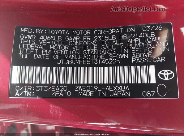 JTDBCMFE5T3145225 2026 TOYOTA COROLLA HYBRID Red ძრავის განყოფილების ხედი