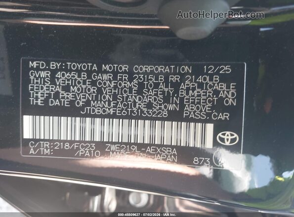 JTDBCMFE6T3133228 2026 TOYOTA COROLLA HYBRID Black Вид підкапотного простору
