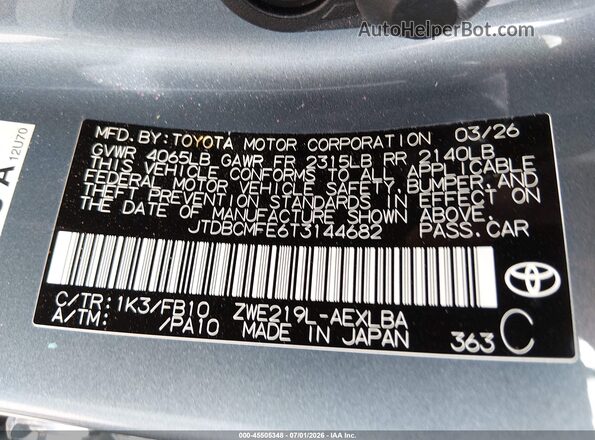 JTDBCMFE6T3144682 2026 TOYOTA COROLLA HYBRID Light Blue ძრავის განყოფილების ხედი