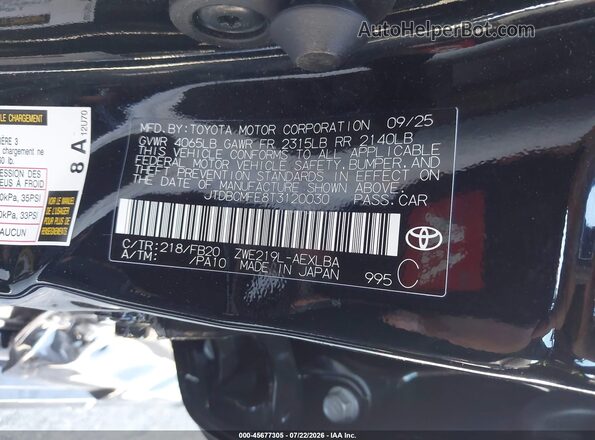 JTDBCMFE8T3120030 2026 TOYOTA COROLLA HYBRID Black Widok komory silnika