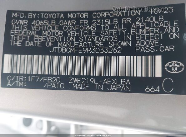 JTDBCMFE9R3033262 2024 TOYOTA COROLLA Silver Vista del compartimento del motor