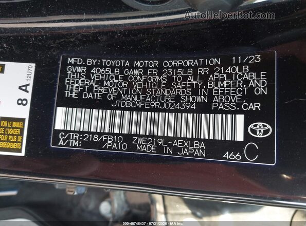 JTDBCMFE9RJ024394 2024 TOYOTA COROLLA Black Widok komory silnika