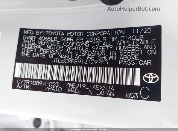 JTDBCMFE9T3129755 2026 TOYOTA COROLLA HYBRID White Widok komory silnika