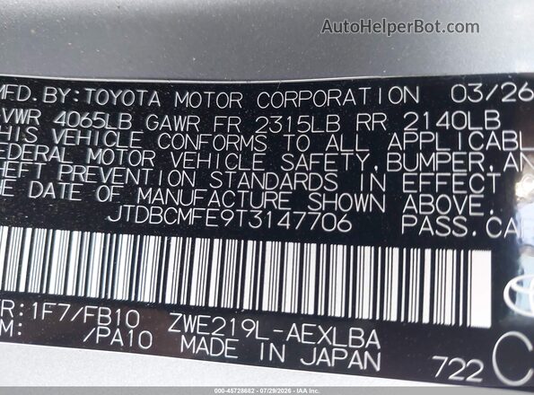 JTDBCMFE9T3147706 2026 TOYOTA COROLLA HYBRID Silver ძრავის განყოფილების ხედი