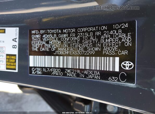 JTDBCMFEXS3072299 2025 TOYOTA COROLLA Gray Շարժիչի բաժամունքի տեսք