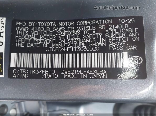 JTDBDMHE1T3030020 2026 TOYOTA COROLLA HYBRID Light Blue ძრავის განყოფილების ხედი