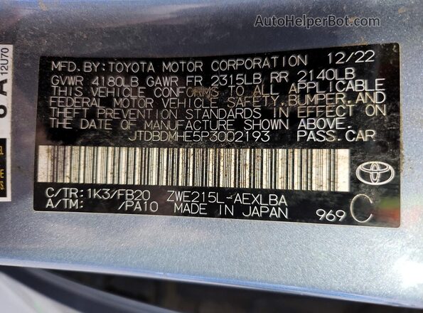 JTDBDMHE5P3002193 2023 TOYOTA COROLLA Teal VIN sticker view