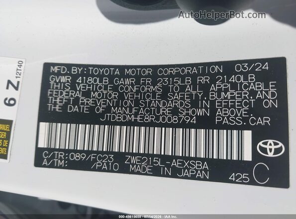 JTDBDMHE8RJ008794 2024 TOYOTA COROLLA White Vista del compartimento del motor