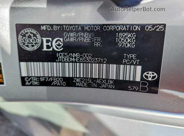 JTDBDMHE8S3023712 2025 TOYOTA COROLLA Серебряный Вид наклейки с VIN-кодом