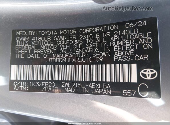 JTDBDMHEXRJ010109 2024 TOYOTA COROLLA Blue Vista del compartimento del motor