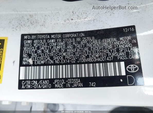 JTDBVRBD3HA001437 2017 TOYOTA MIRAI White Widok komory silnika