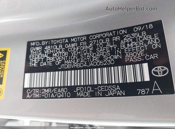 JTDBVRBD4JA005230 2018 TOYOTA MIRAI Silver Շարժիչի բաժամունքի տեսք