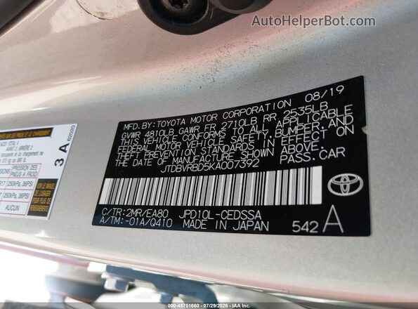 JTDBVRBD5KA007392 2019 TOYOTA MIRAI Silver Вид підкапотного простору