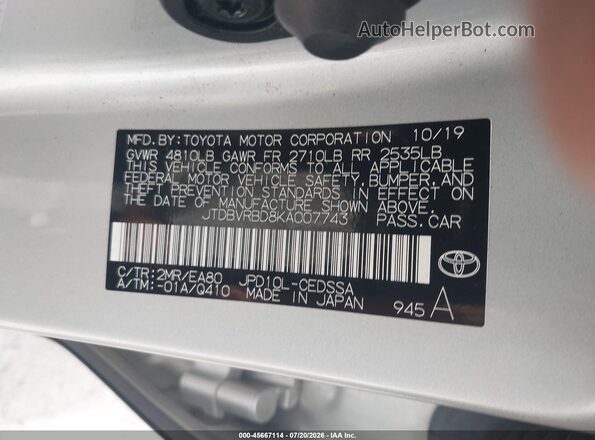 JTDBVRBD8KA007743 2019 TOYOTA MIRAI Серебряный Вид подкапотного пространства