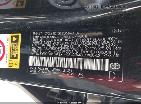 JTDBVRBDXHA003752 2017 TOYOTA MIRAI Black Вид підкапотного простору